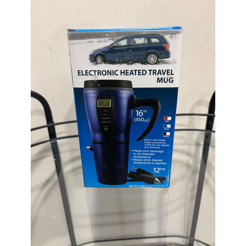 Electronic Heated Travel Mug 16oz 12V Car Adapter Blue Digital Display 79298